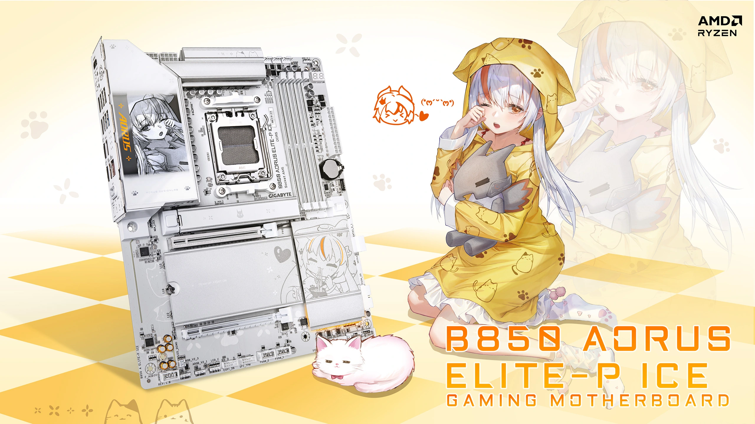 Campaña oficial de la placa B850 AORUS ELITE-P ICE blanca junto a ARI y su gato sobre una escena de cuadros amarillos.
