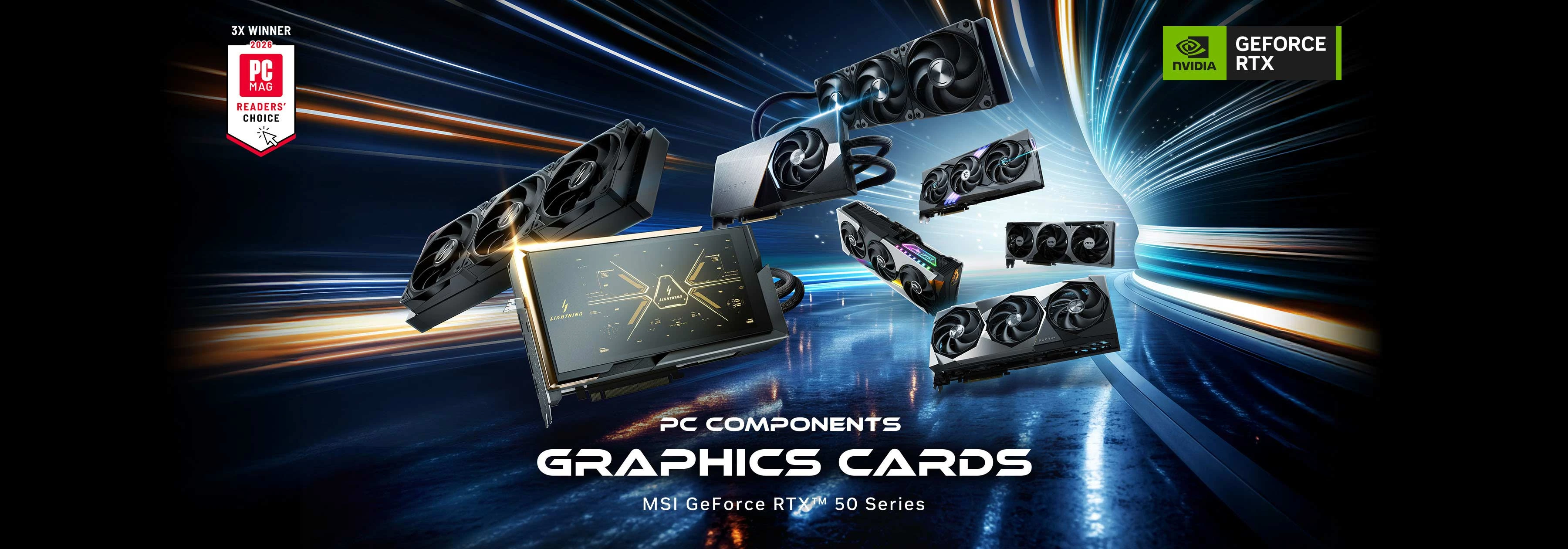 Campaña oficial de MSI GeForce RTX 50 Series con tarjetas LIGHTNING, SUPRIM y otras familias entre haces de luz azules y naranjas sobre un suelo reflectante.