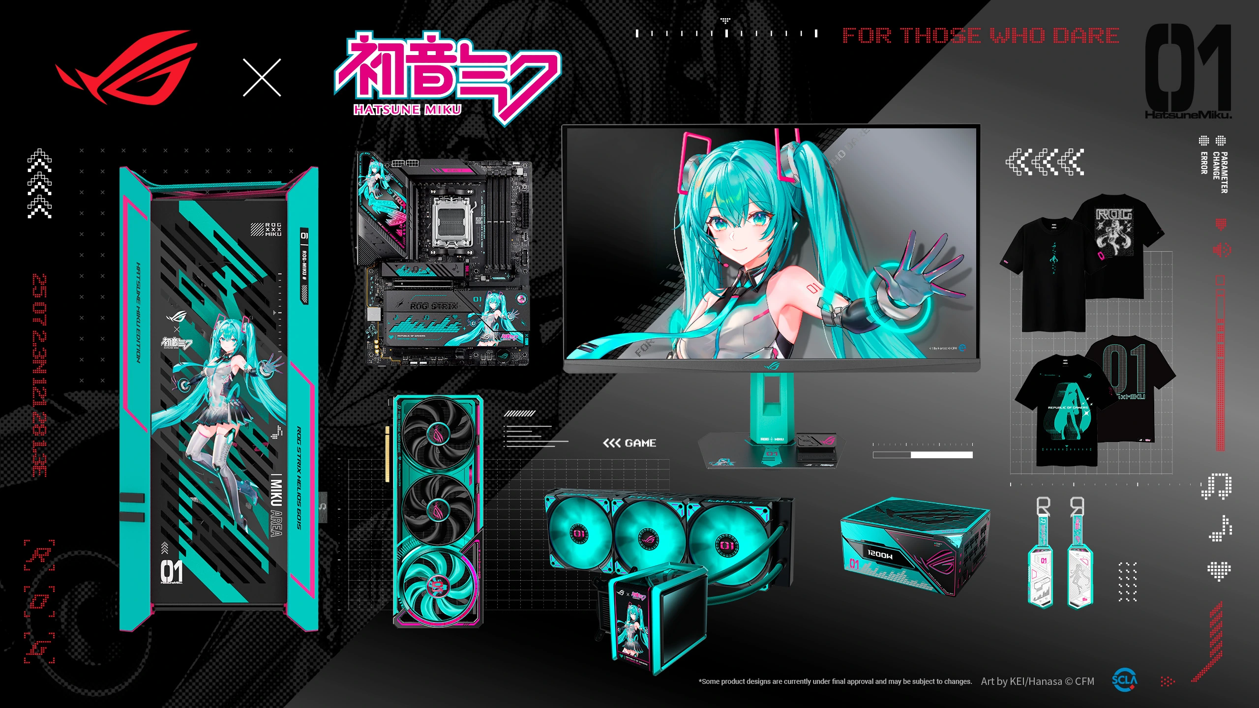 Campaña oficial ASUS ROG x Hatsune Miku con gabinete, placa madre, gráfica, refrigeración y monitor en cian y rosa.