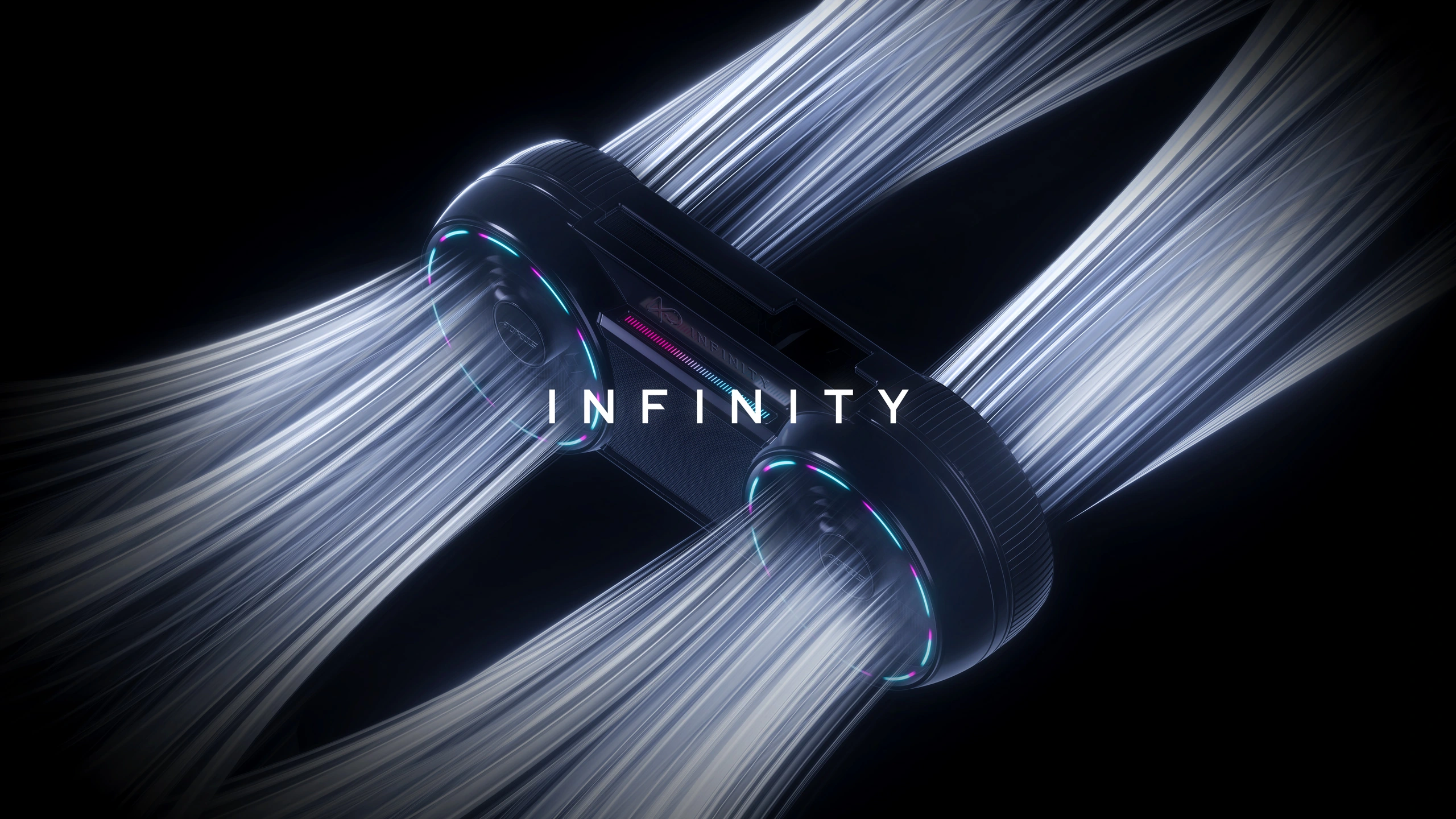 Arte oficial de AORUS GeForce RTX 5090 INFINITY, con la tarjeta entre haces de luz blancos y RGB.