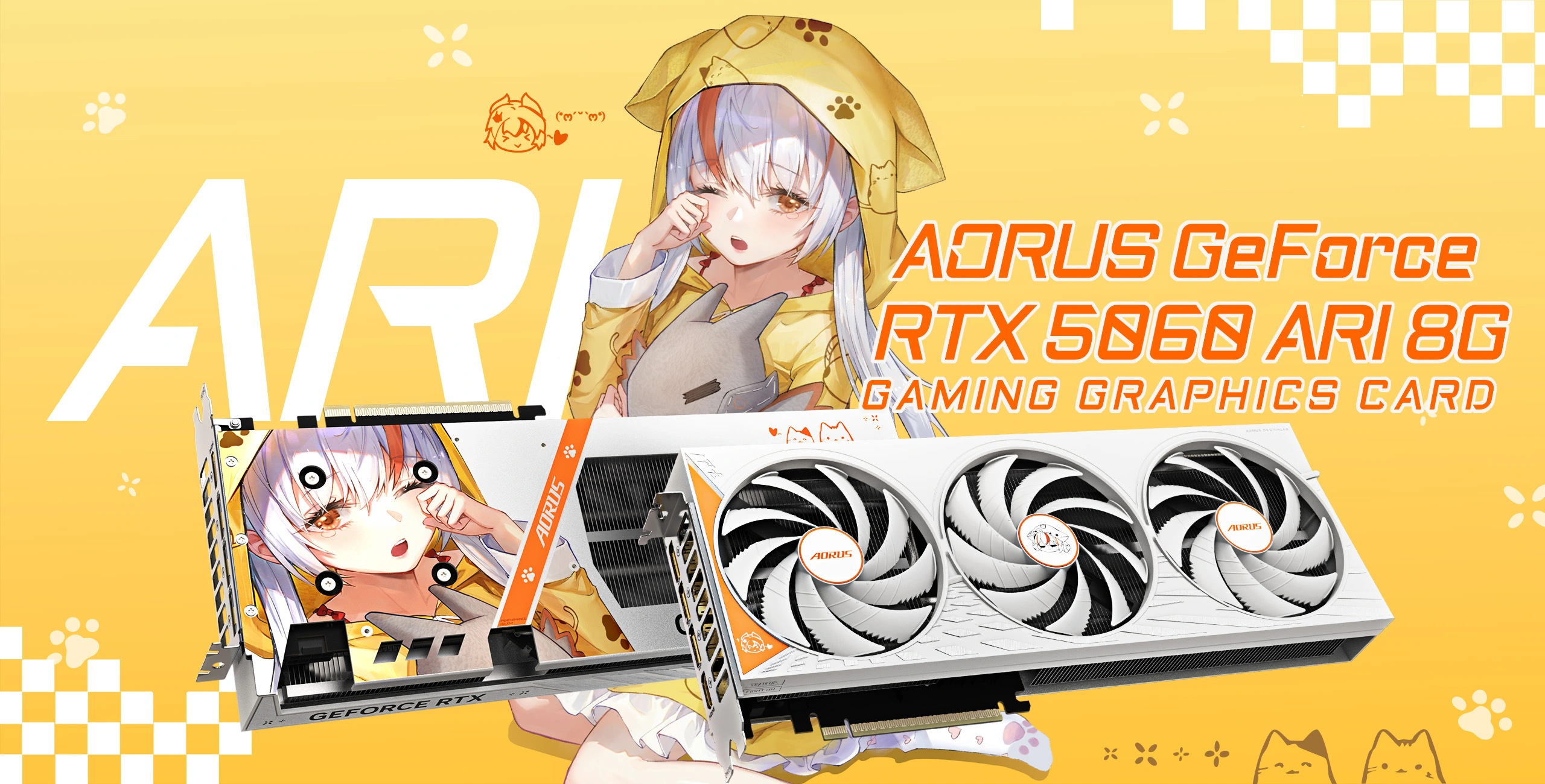 Campaña oficial AORUS GeForce RTX 5060 ARI 8G, con gráficos blancos y personaje ARI sobre fondo amarillo.