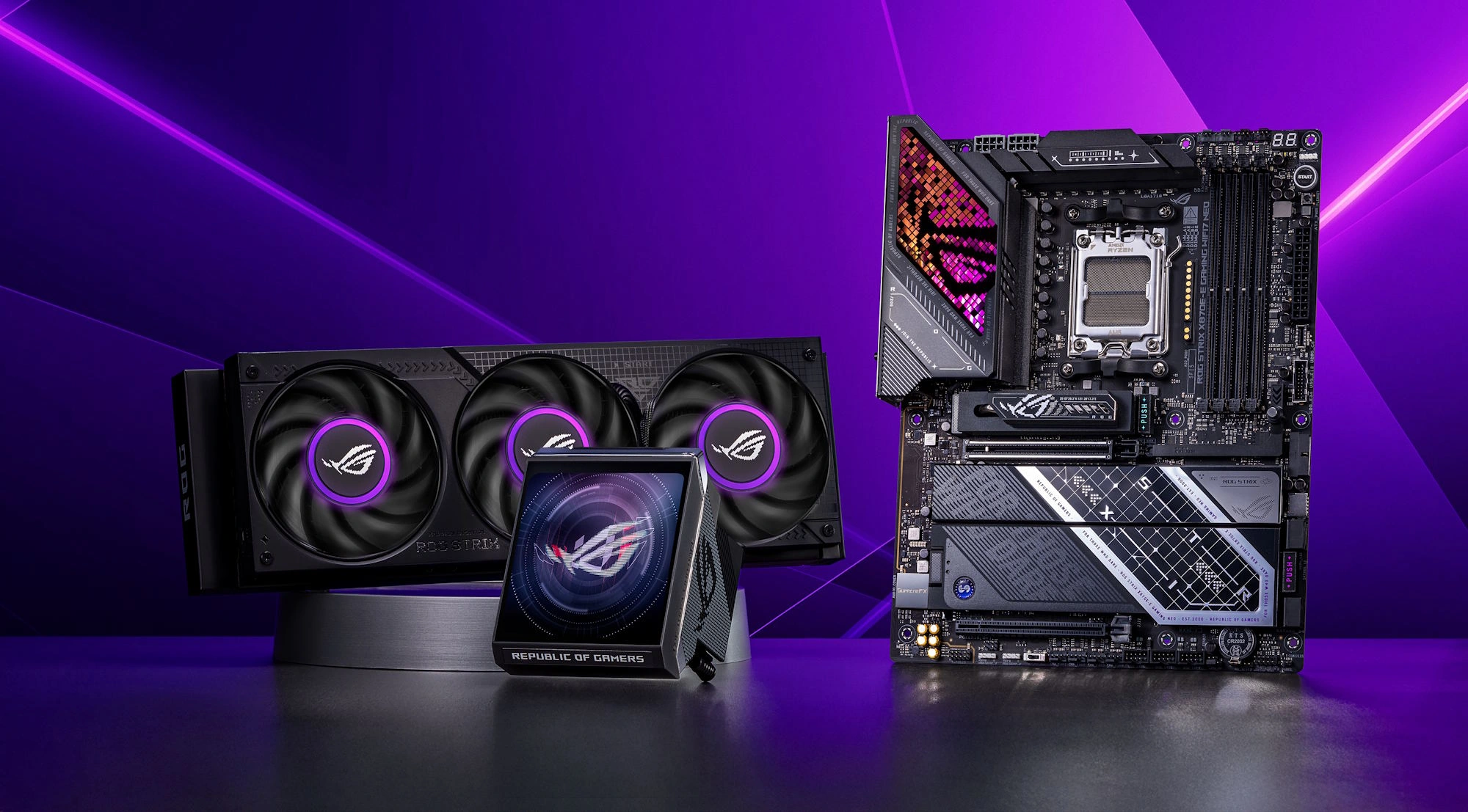 Escena oficial ASUS ROG con placa Strix X870E-E Gaming WiFi7 Neo y refrigeración Strix LC IV 360, iluminadas en violeta.