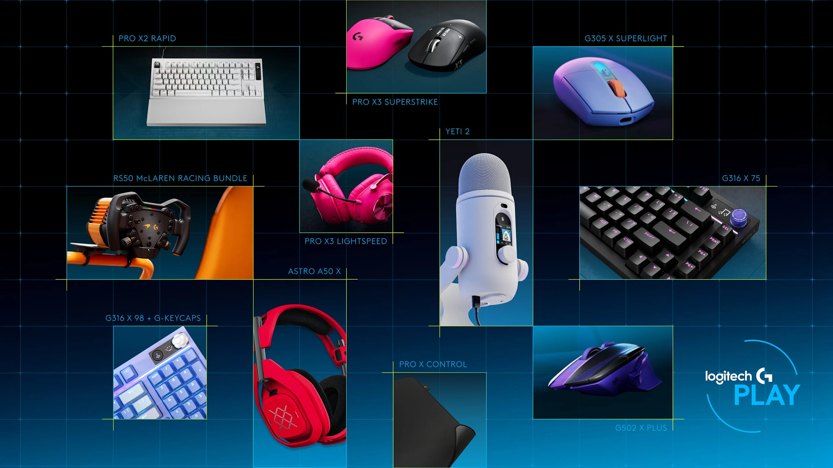 Campaña oficial de Logitech G PLAY 2026 con la nueva familia PRO, teclados, micrófono Yeti 2 y periféricos gaming sobre una retícula azul.