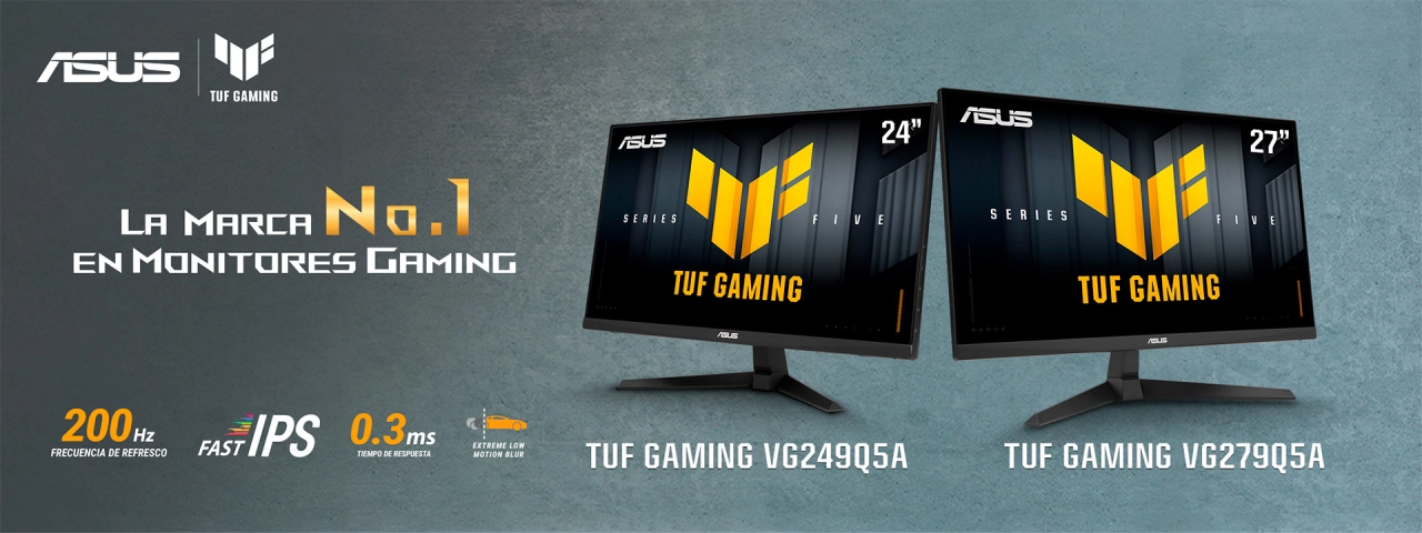 Monitores ASUS TUF Gaming VG249Q5A y VG279Q5A. Arte original de marca.
