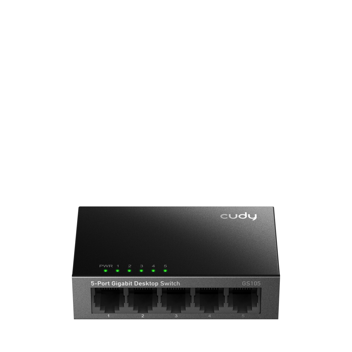 Switch negro Cudy GS105 con cinco puertos Ethernet visibles.