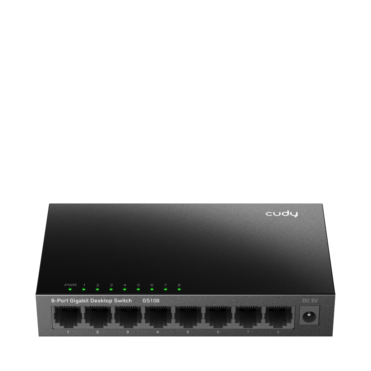 Switch negro Cudy GS108 con ocho puertos Ethernet visibles.