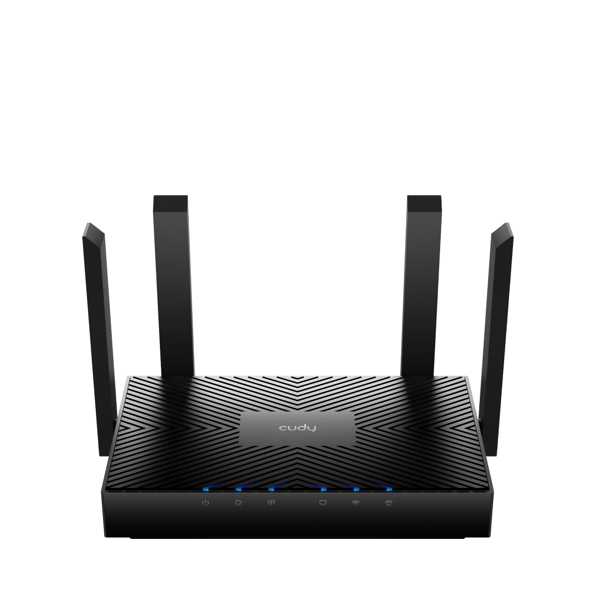 Router negro Cudy WR3000 con cuatro antenas e indicadores azules.