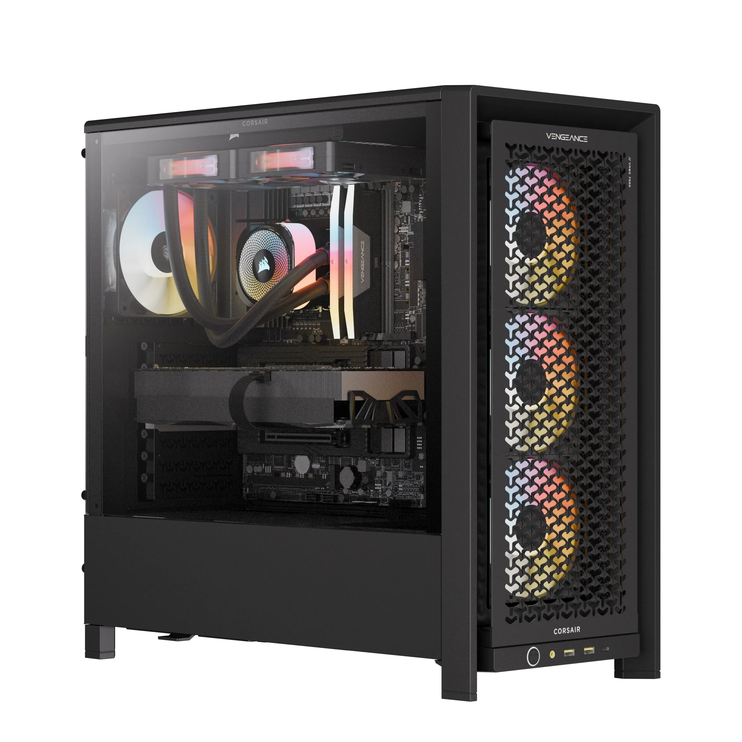 CORSAIR VENGEANCE a7500 AIR negro, imagen oficial de la serie con cristal lateral y ventiladores RGB.