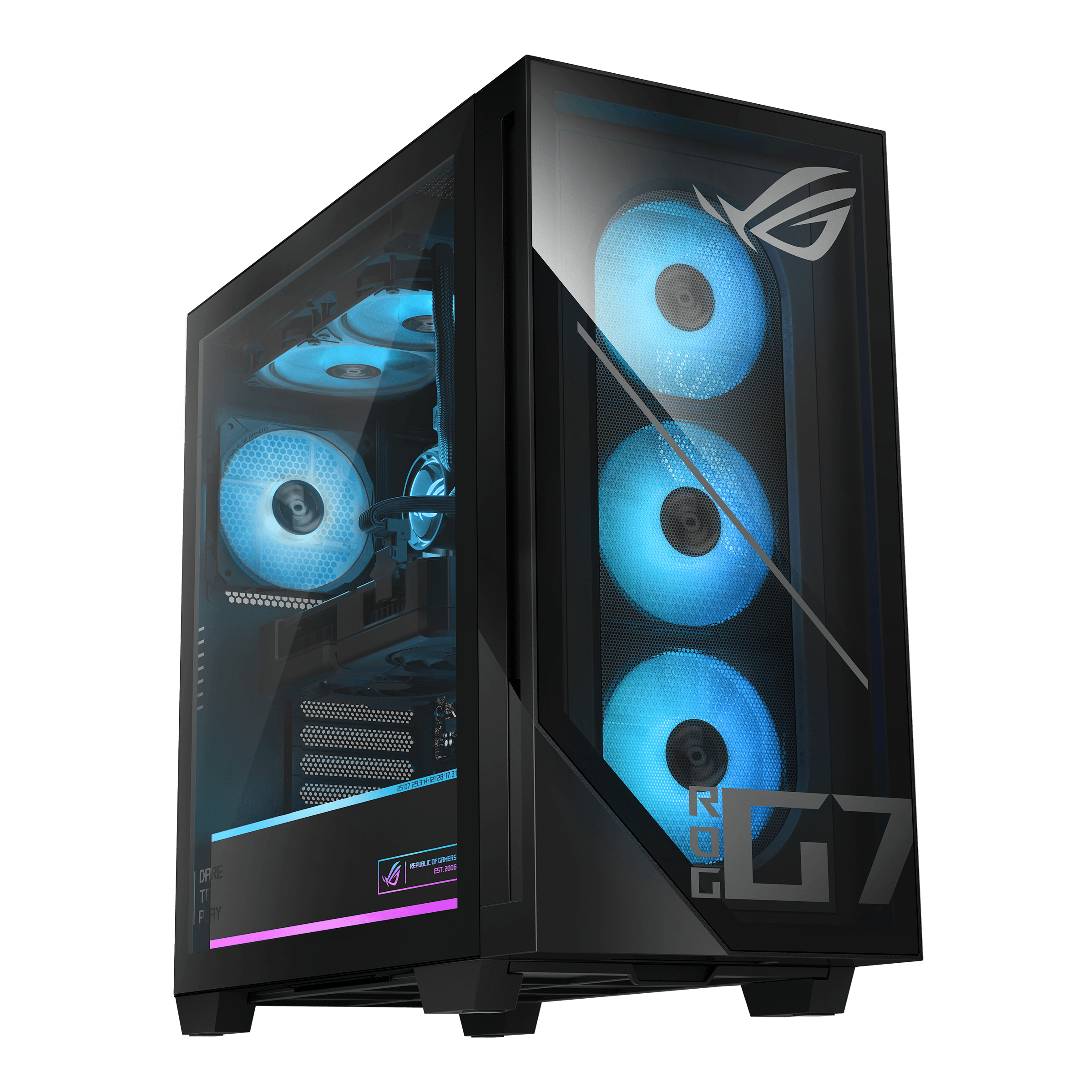 ASUS ROG G700 negro, vista frontal y lateral con iluminación azul. Imagen oficial de la serie.