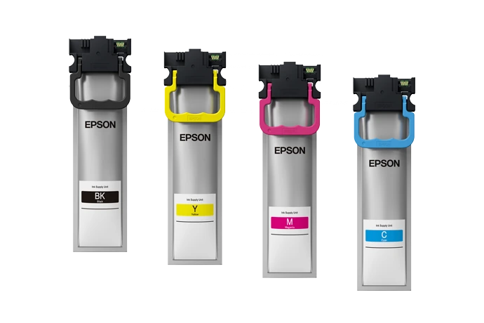 Familia Epson T941 / R04L con bolsas de tinta negra, amarilla, magenta y cian mostradas; producto cotizado: Epson R04L amarillo.