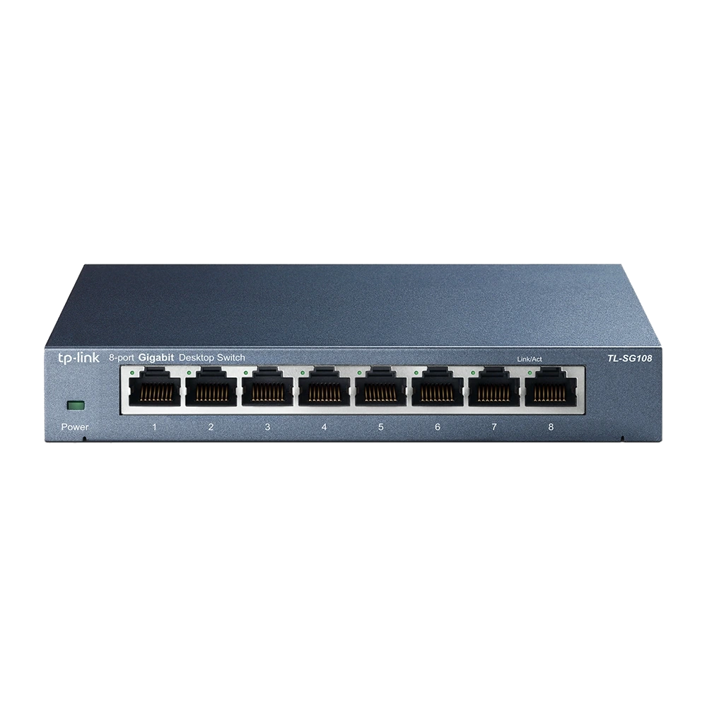 TP-Link TL-SG108 · 8 puertos Gigabit: puertos frontales, fotografía oficial del fabricante.
