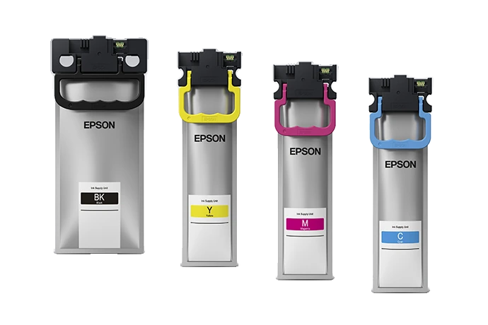 Familia de tintas Epson con bolsa T11B negra y bolsas amarilla, magenta y cian mostradas; se cotiza la unidad negra T11B1.
