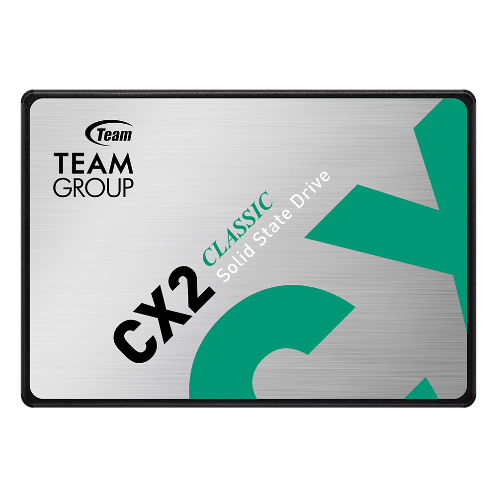 SSD TEAMGROUP CX2 con etiqueta plateada y verde, visto de frente.
