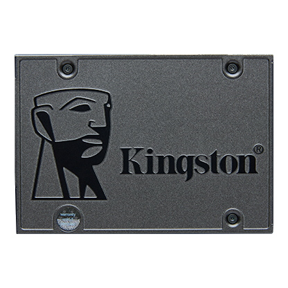 SSD negro Kingston A400 de 480 GB, vista superior de la carcasa.
